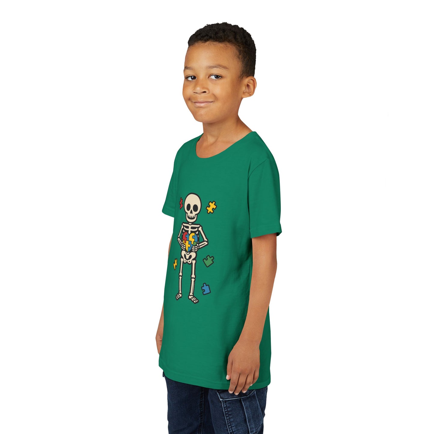 Spooky Skeleton Puzzle Heart Kids Tee β Fun Halloween Youth Shirt