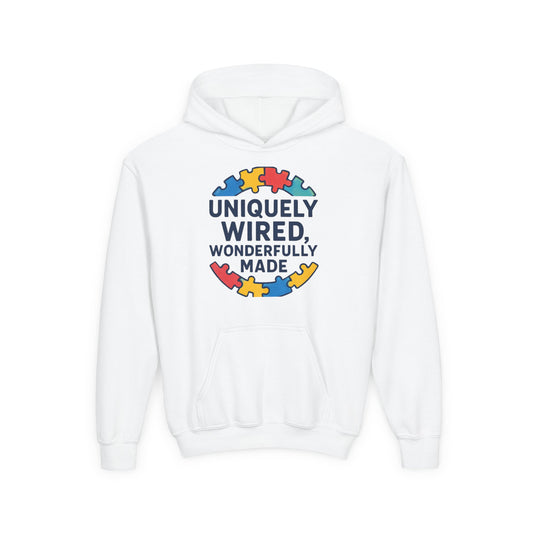 Soft Youth Hoodie – Inspirational “Uniquely Wired, Wonderfully Made” Pullover | Cozy Streetwear for Kids